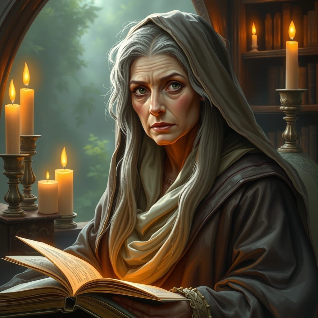 Wise Sorceress in Mystical Candlelight Setting