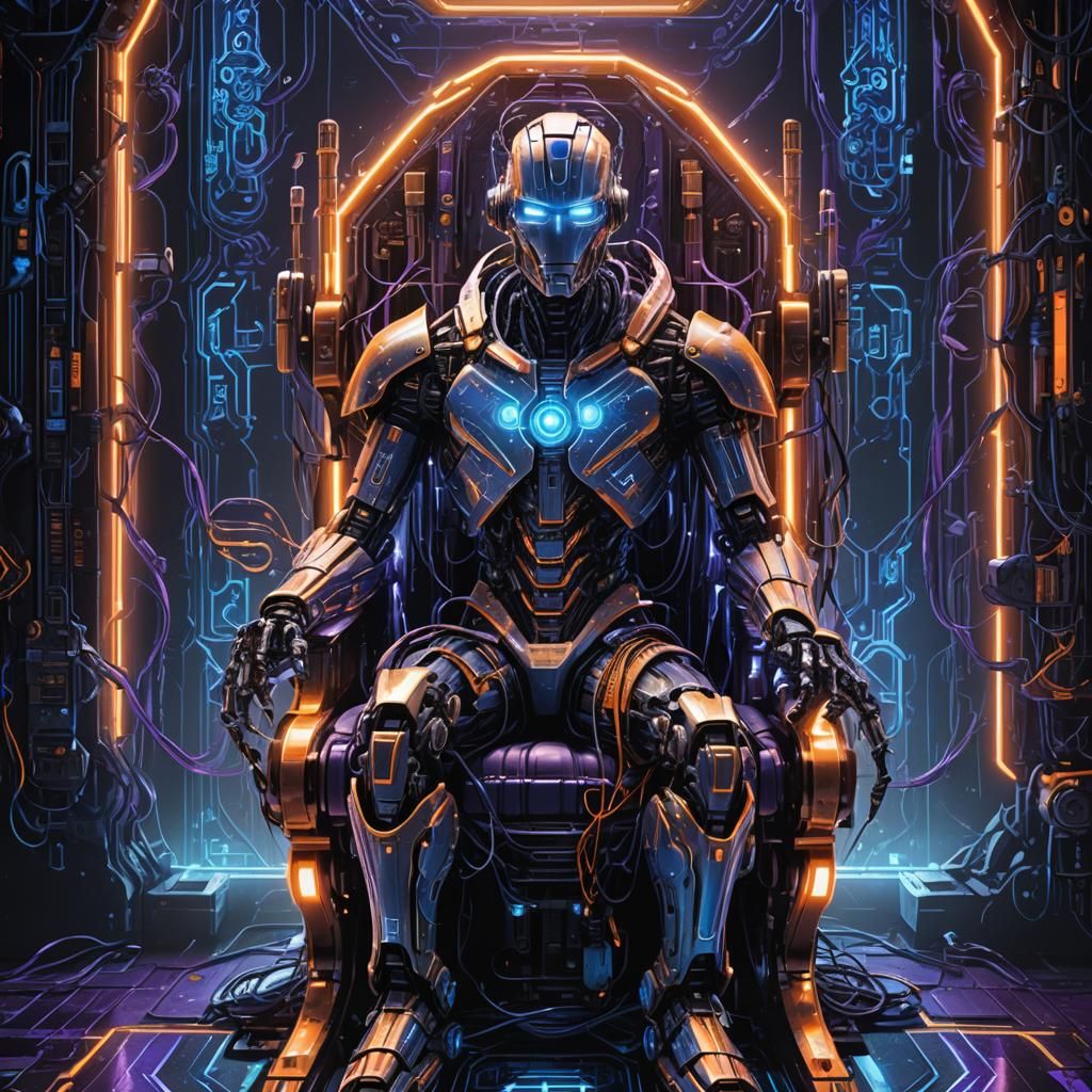 Living Computer Robot on Throne in Dark Chamber
