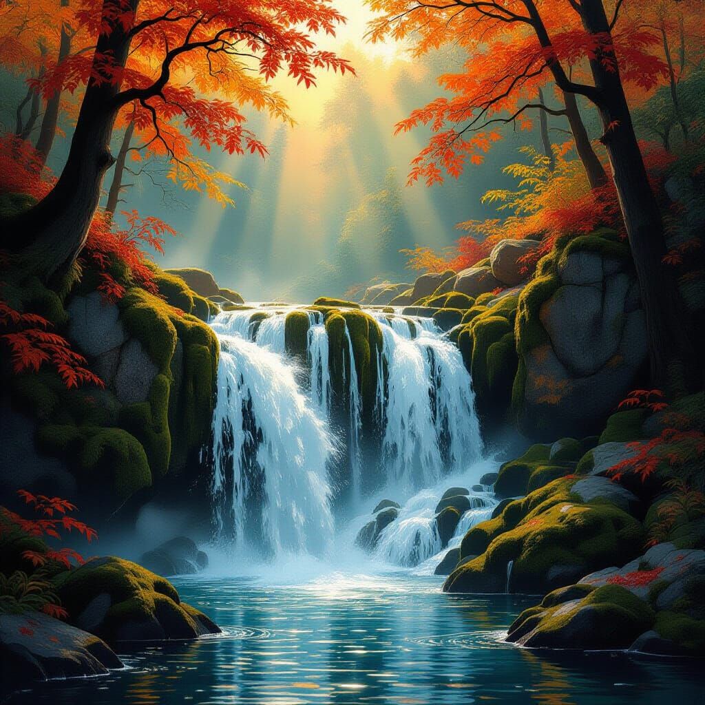 Autumn Waterfall in Rich Illustrative Style
