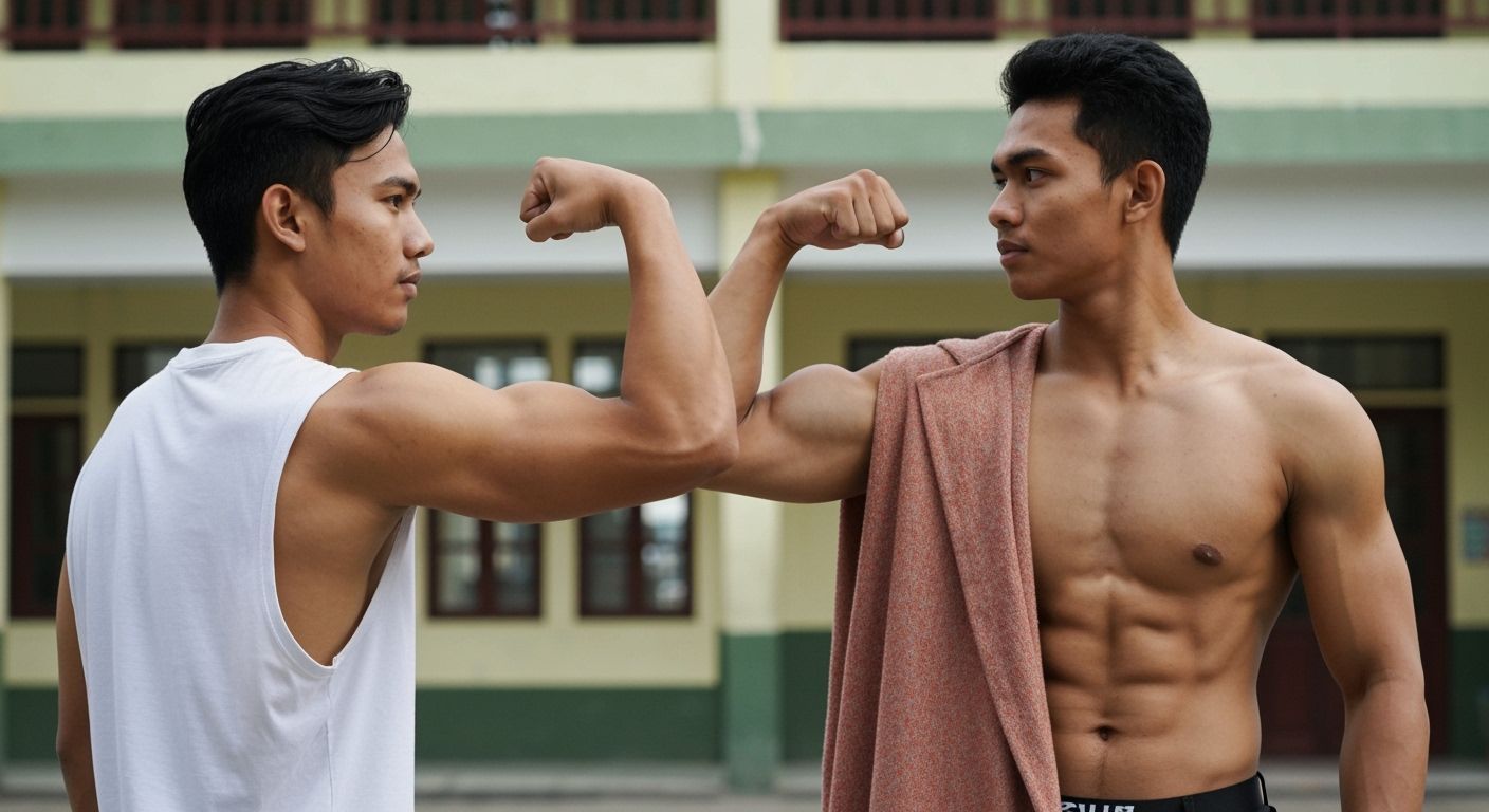 Two Muscular Javanese Men Hugging, Smoking in School