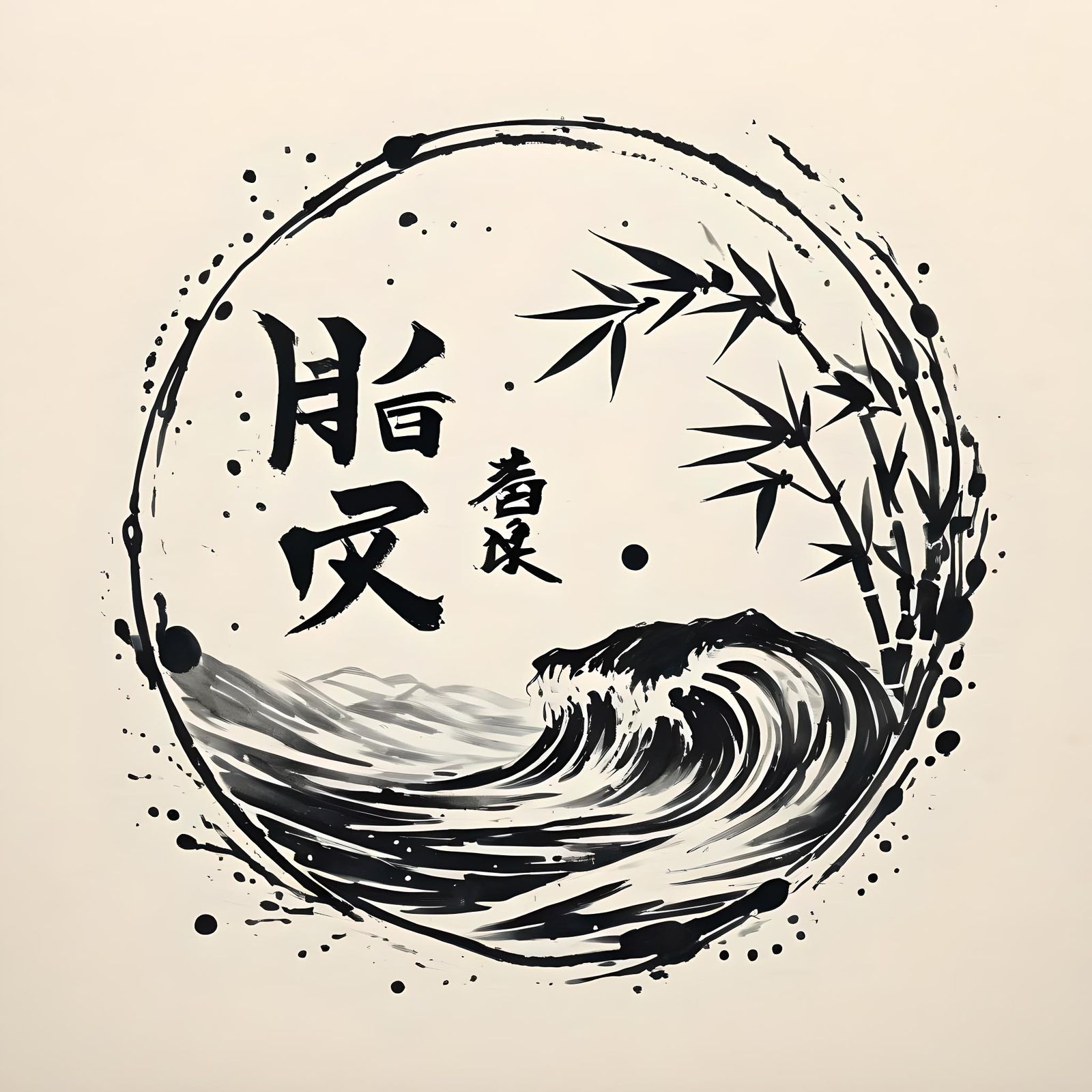 Japanese Ink Drawing Logo with Bamboo and Water