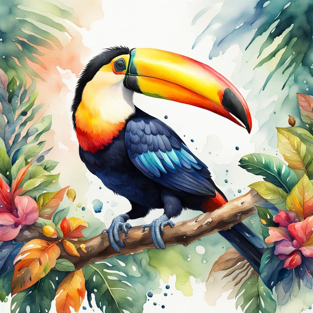 A watercolor painting of a colorful toucan