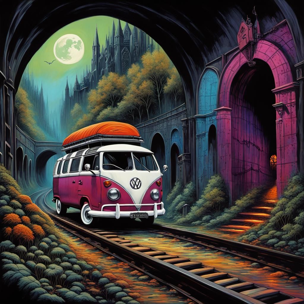 Bohemian VW Vans in Gothic Underground, Surreal Art