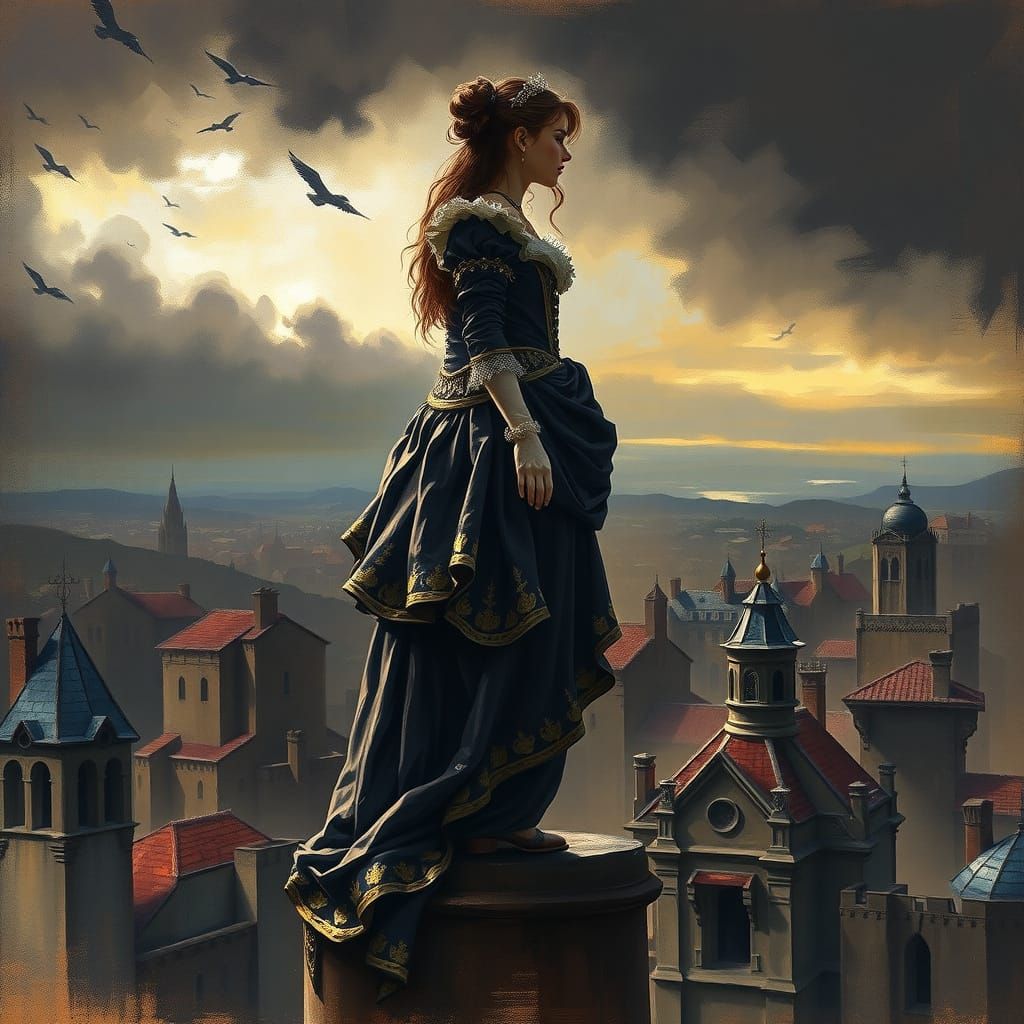 Baroque Girl in Gothic Cityscape with Chiaroscuro Lighting