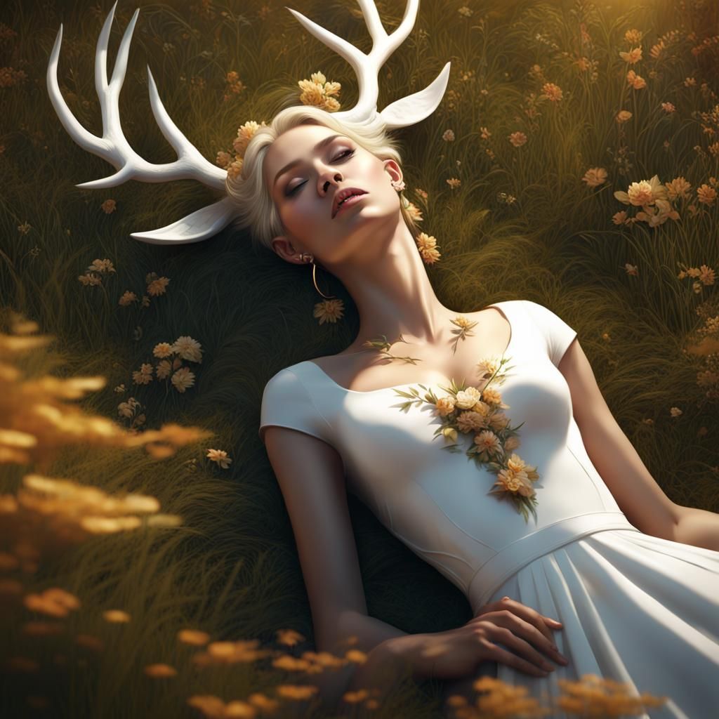 Deer Woman in Grassy Field: Fantasy Concept Art