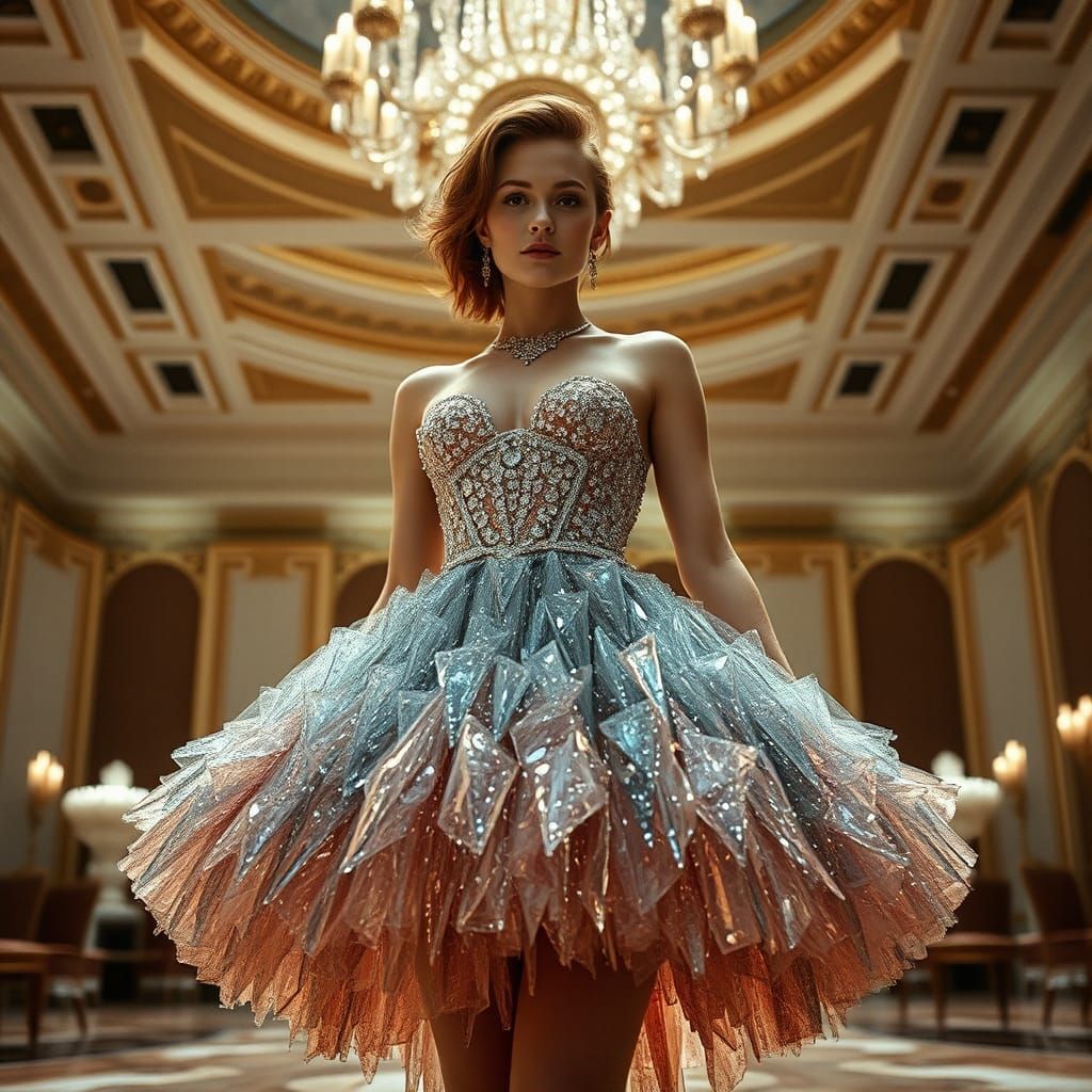 Crystal Dress in Grand Ballroom, Hyperrealistic Style