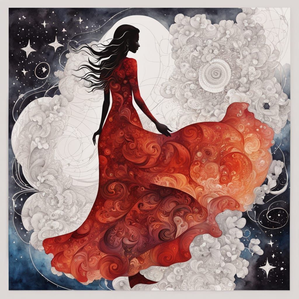 Surreal Watercolor Silhouette of a Dreaming Woman in a Starr...