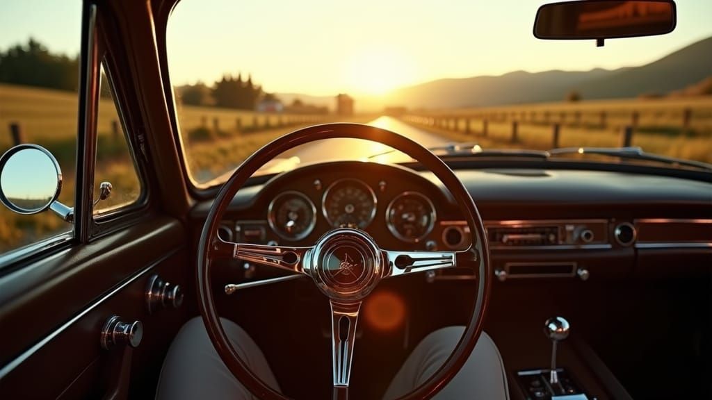 Vintage Car Cockpit View of Tuscany in Golden Light
