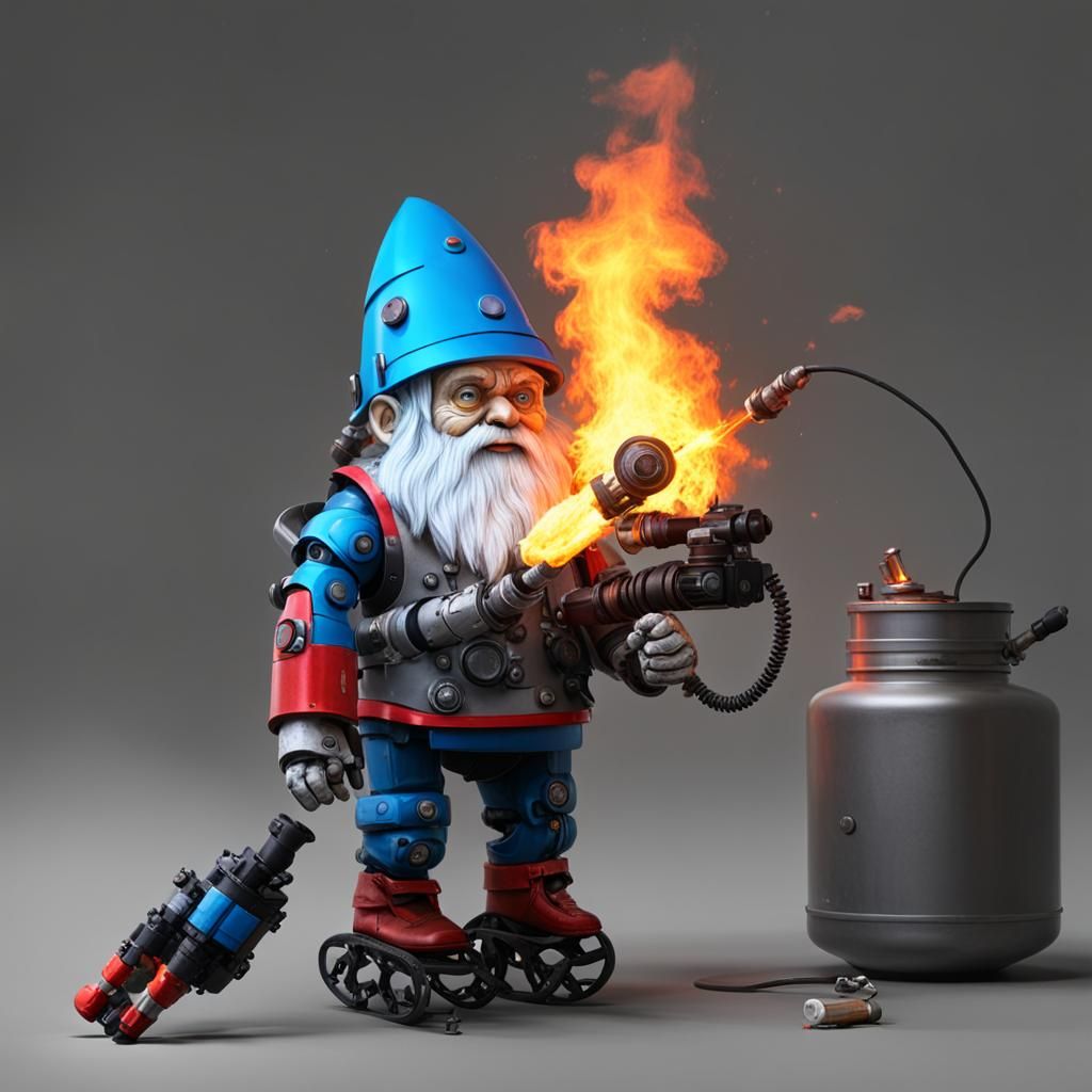 Cyborg robot gnome with a flame thrower