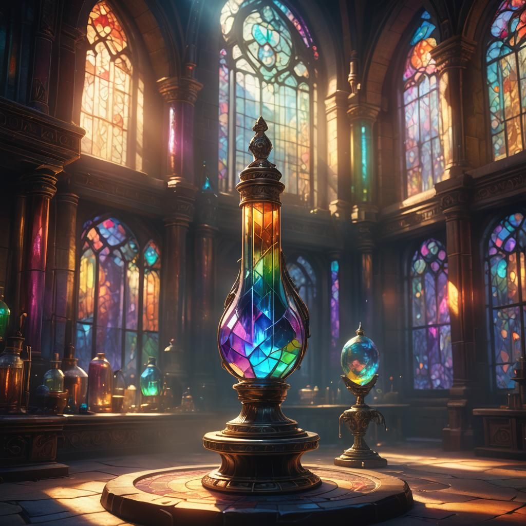 Glowing Rainbow Vial in Mystical Laboratory