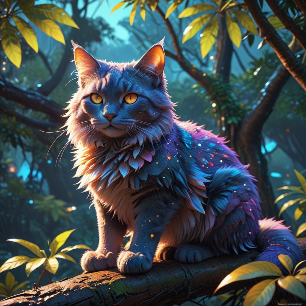 Iridescent Feline on Neon Tree Branch