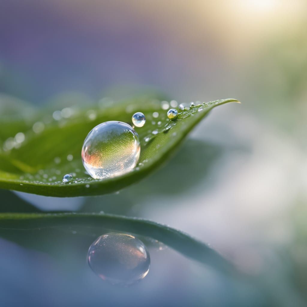Ethereal Dewdrop Reflection on Leaf in Soft Morning Light