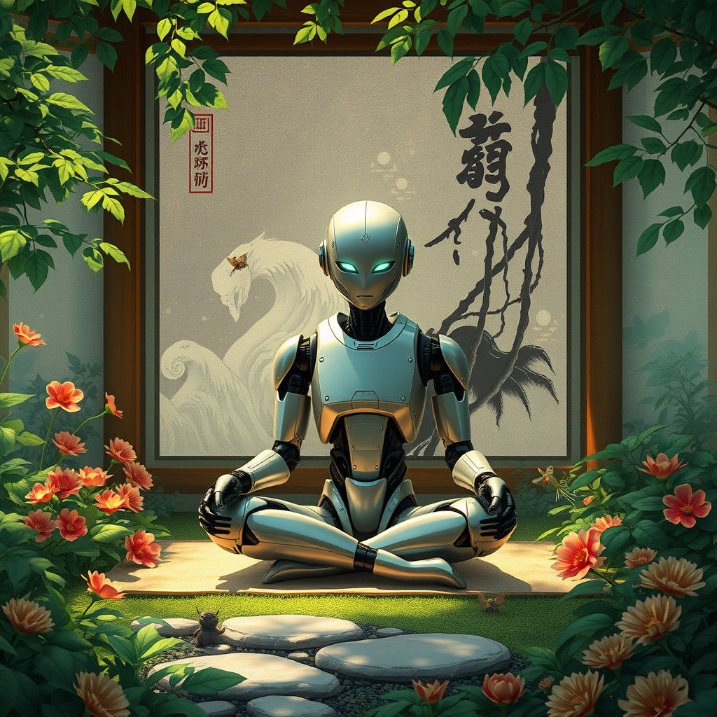 Android Meditating in Japanese Garden with Ink Painting