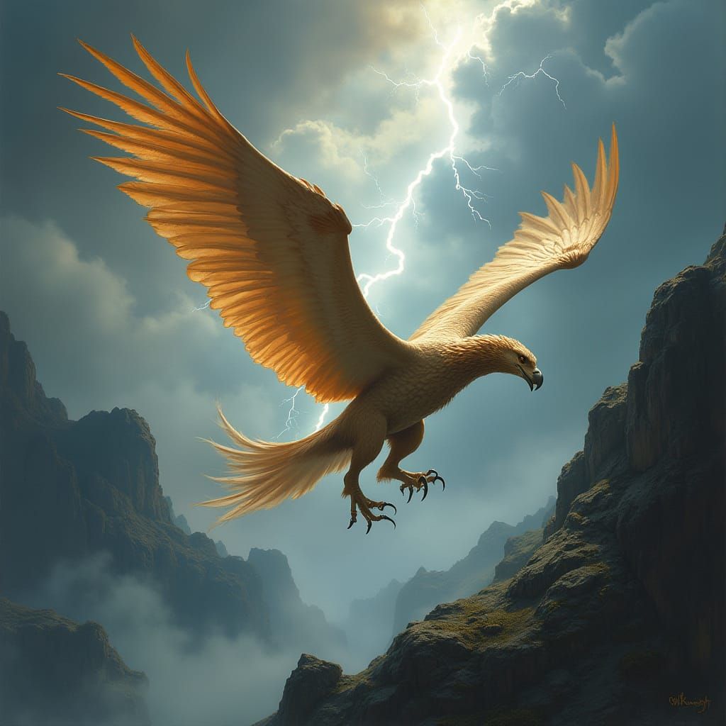 Griffin Soaring Through Stormy Sky in Dramatic Realism