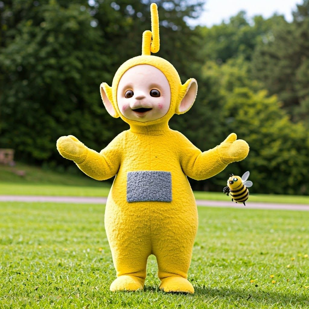 Teletubby Stung by Aggressive Bees in a Vibrant Scene