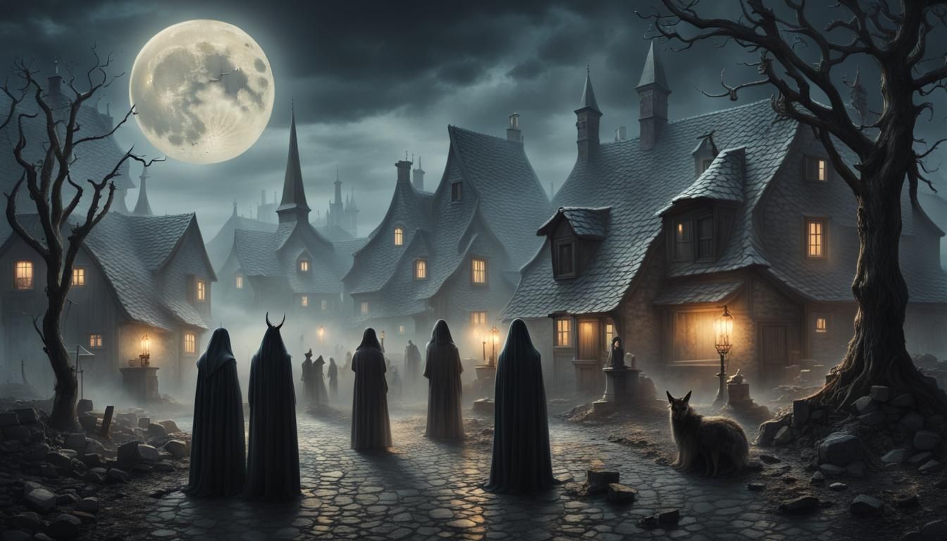 Mysterious Moonlit Séance in Misty European Village