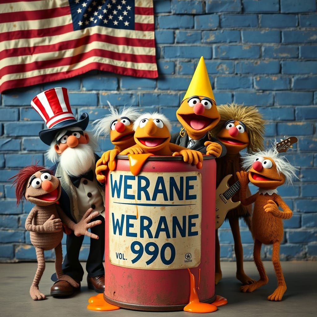 Five Muppets Gather Around a Rusty Red Can with a Worn Label
