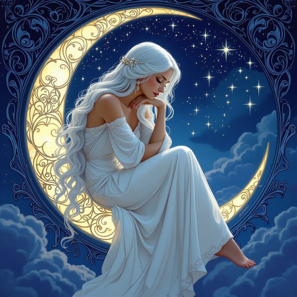Moon Goddess on Crescent Moon in Hyper-Realistic Style