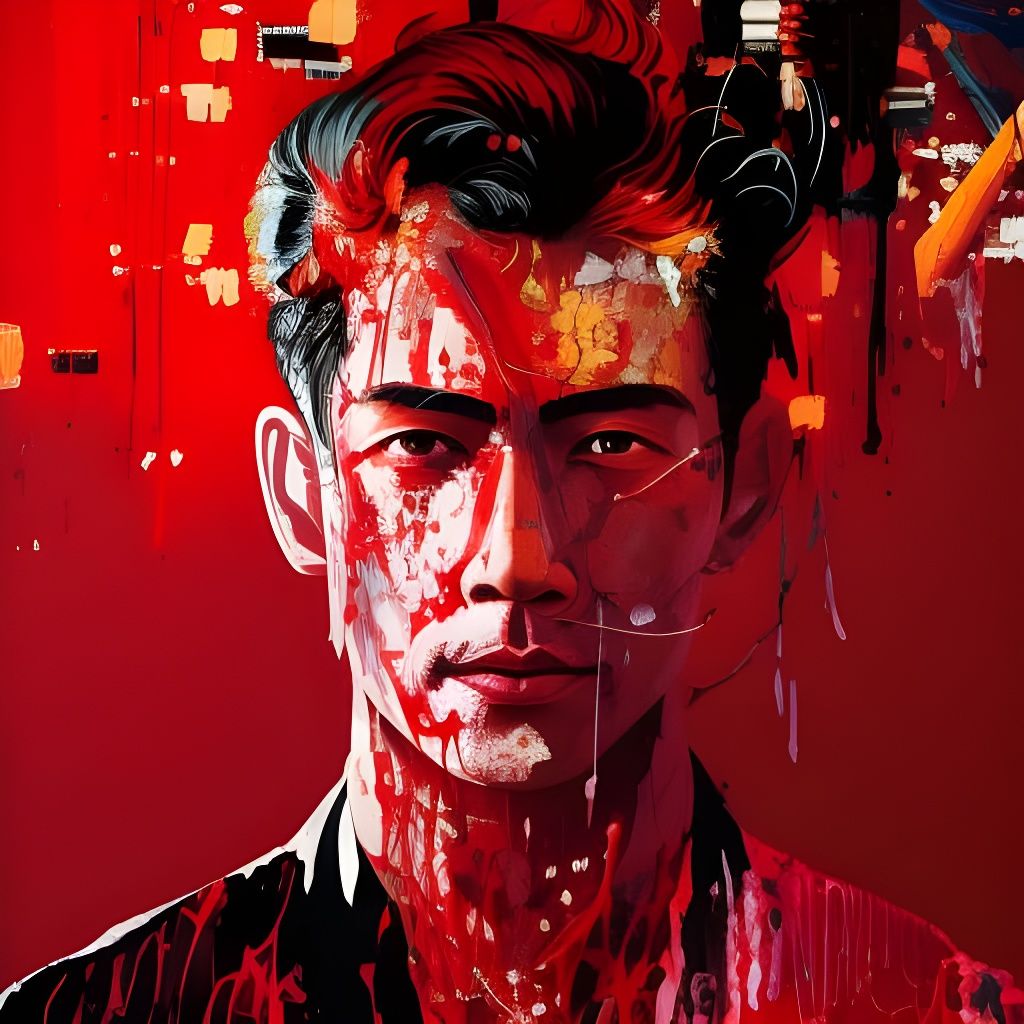 Red Lit Portrait in Ink Splash Art Style