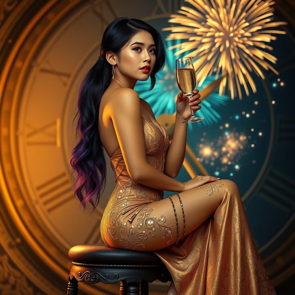 Filipina Woman Toasting Champagne Amidst Fireworks
