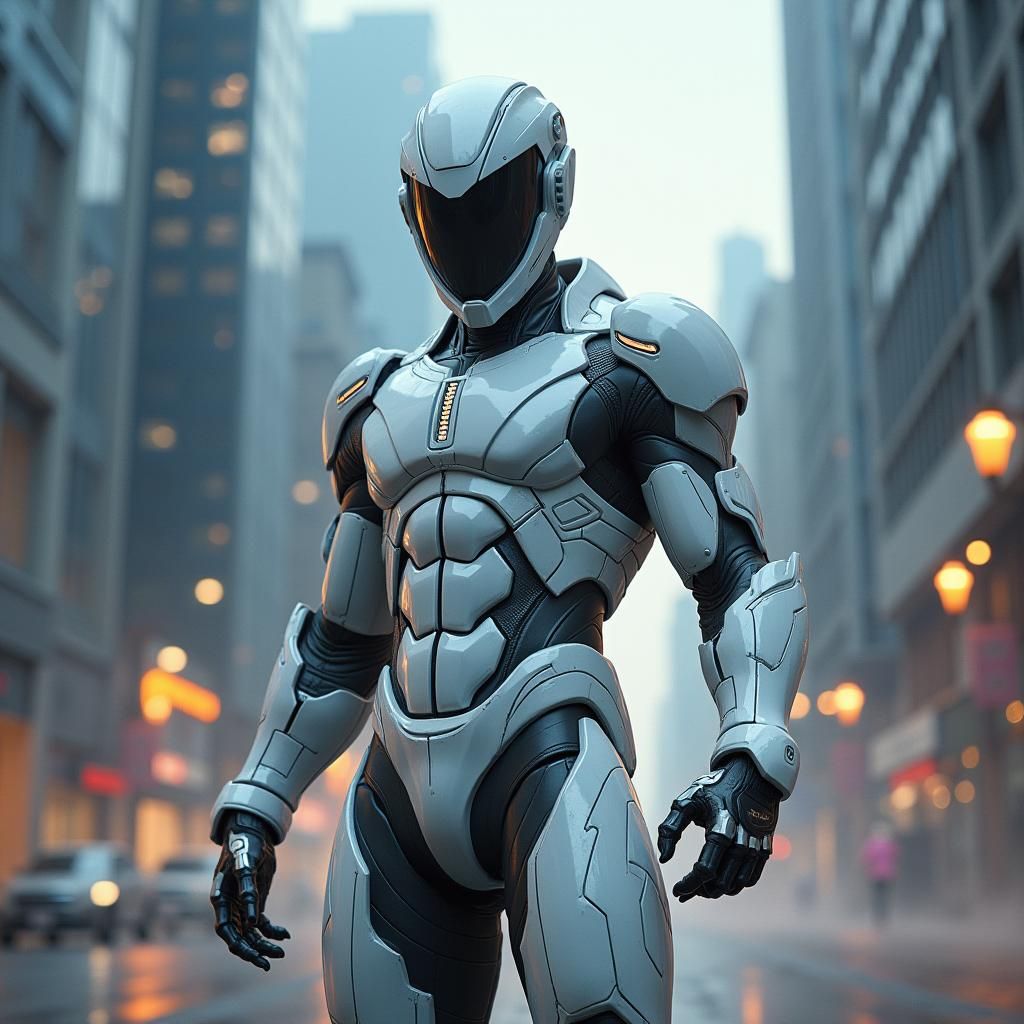 Caucasian Man in White Armored Suit in Cityscape