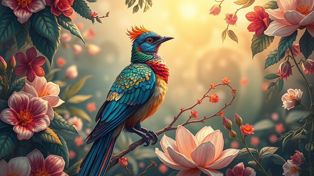 Ethereal Landscape with Majestic Bird in Iridescent Feathers