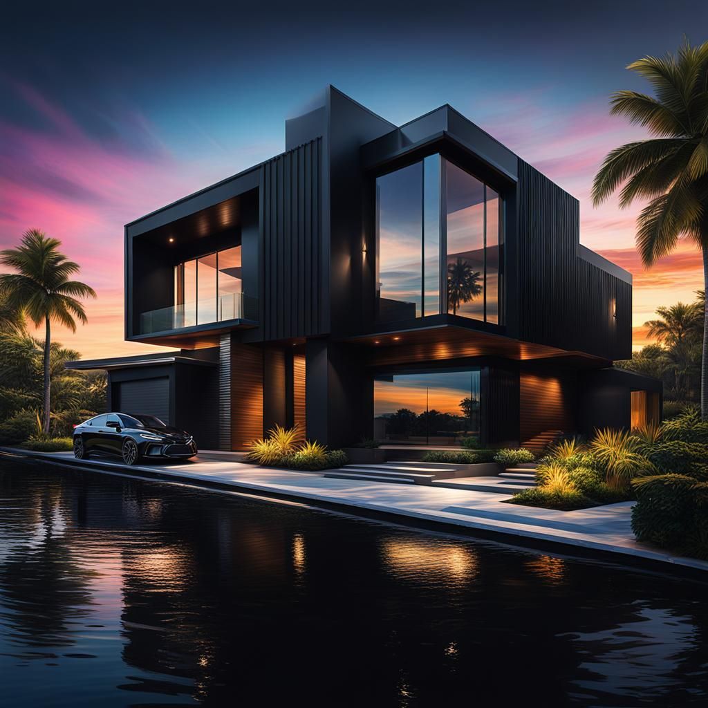 A gated driveway leads to a modern and sleek black house on ...