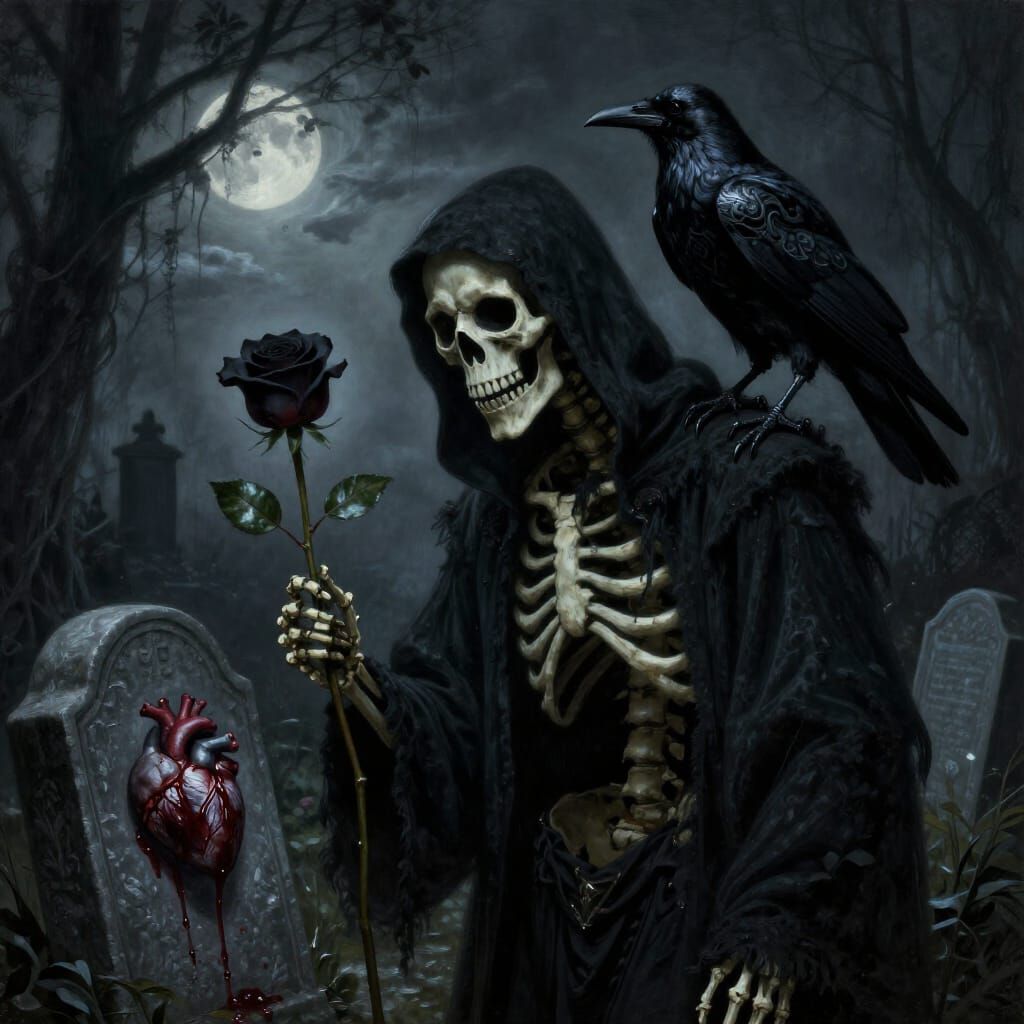Macabre Grim Reaper with Black Rose in Moonlit Graveyard