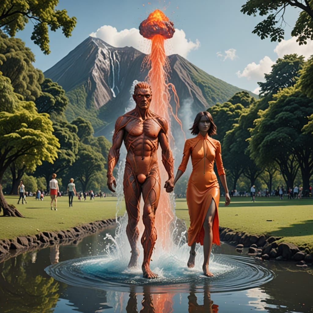 Volcano Man and Water Woman in Park