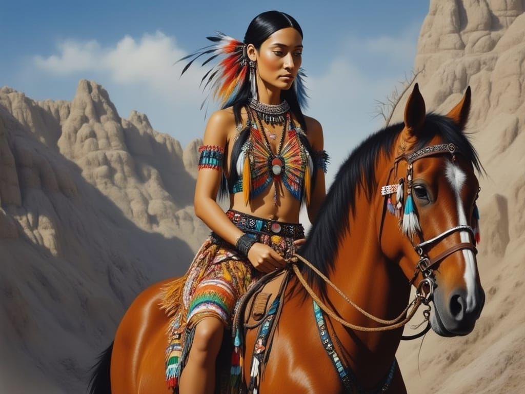 Native American Warrior Princess on Horse in Badlands