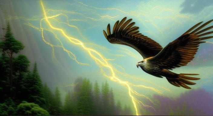 Blue and Bronze Hawk Soaring Through Lightning
