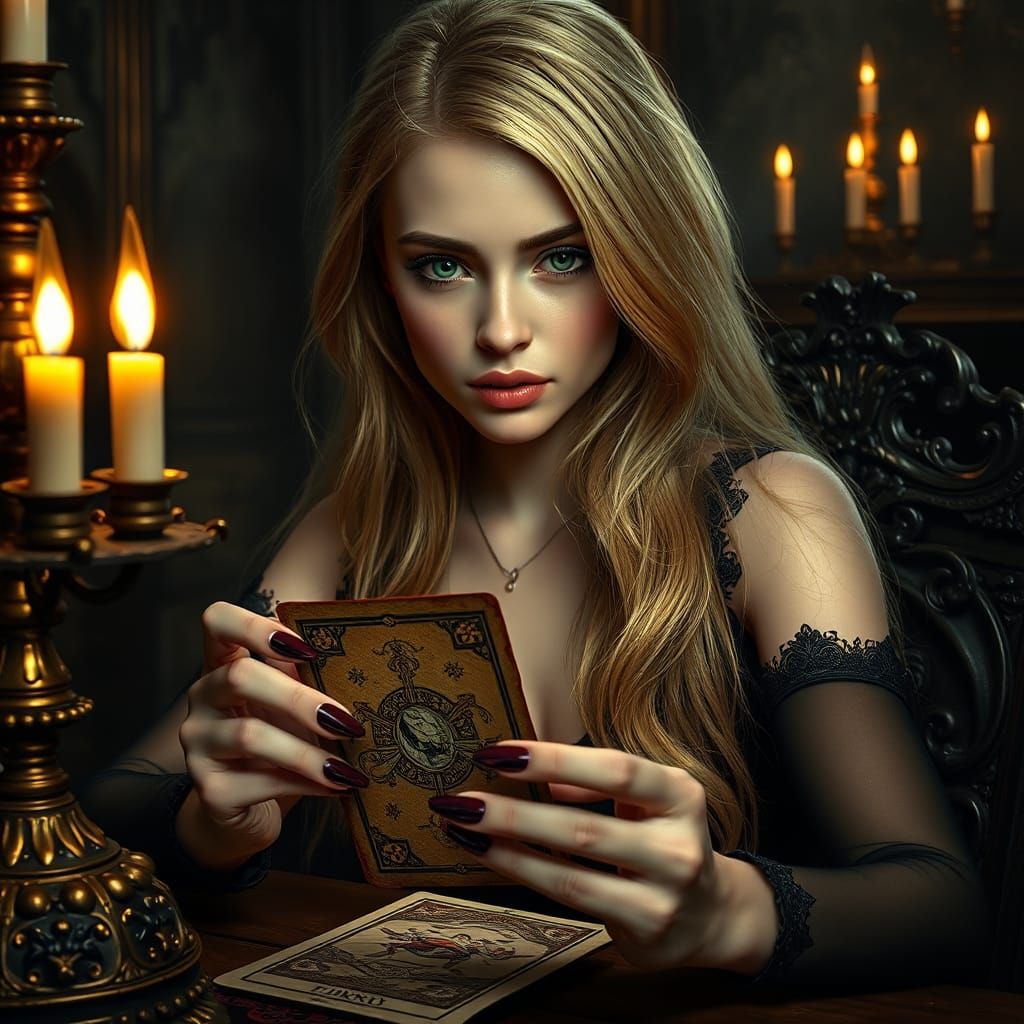 Mystical Woman Reading Tarot Cards in Gothic Chamber