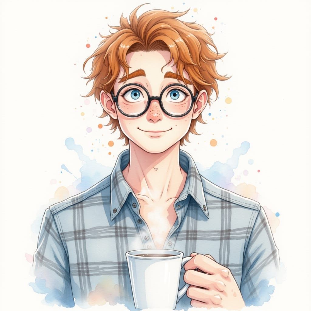Watercolor Portrait of a Nerd with Coffee