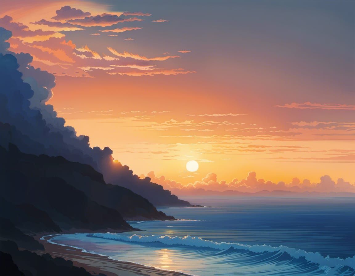 Tangerine Sunset Ocean Scene in Anime Style