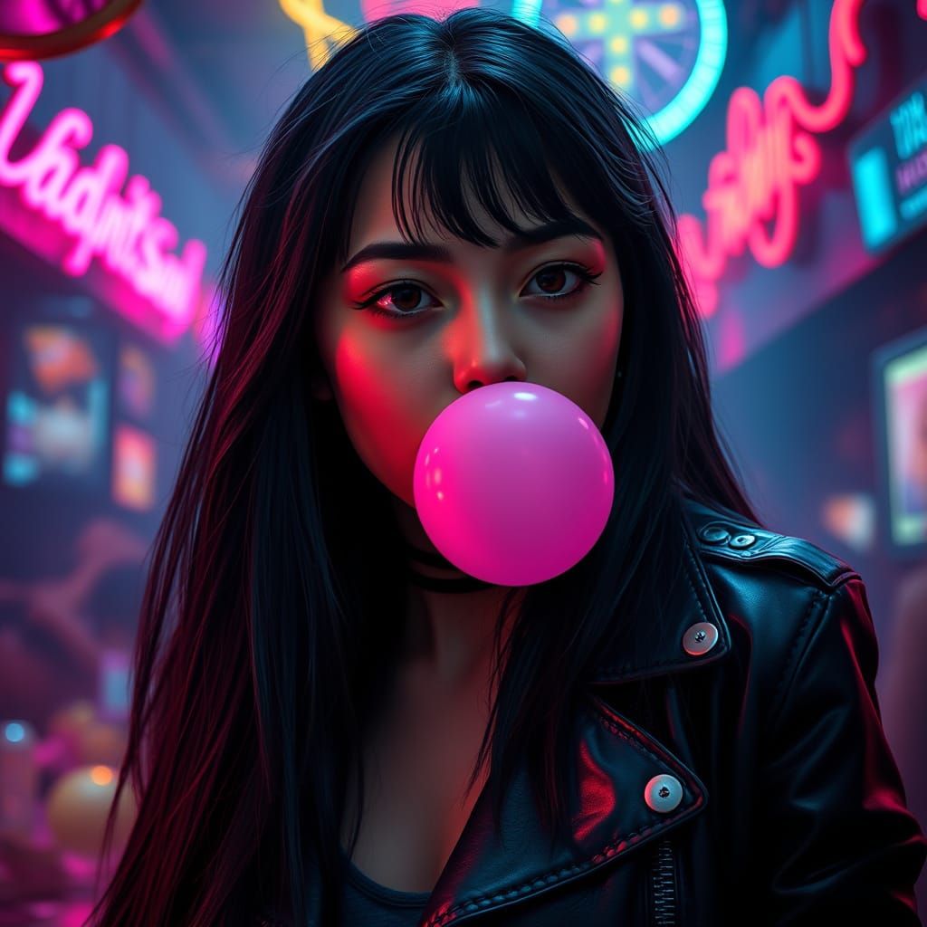 Girl Blows Pink Bubble Gum in Neon Party Atmosphere