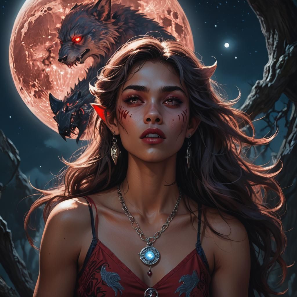 Teenage Werewolf Bites Moon Pendant in Fantasy Art