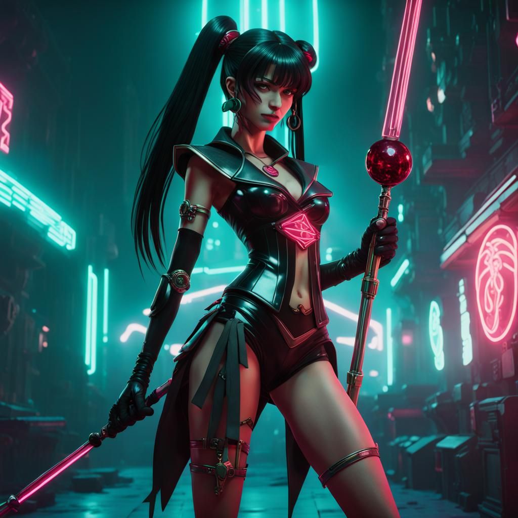 Cyberpunk Sailor Pluto with Garnet Orb Staff