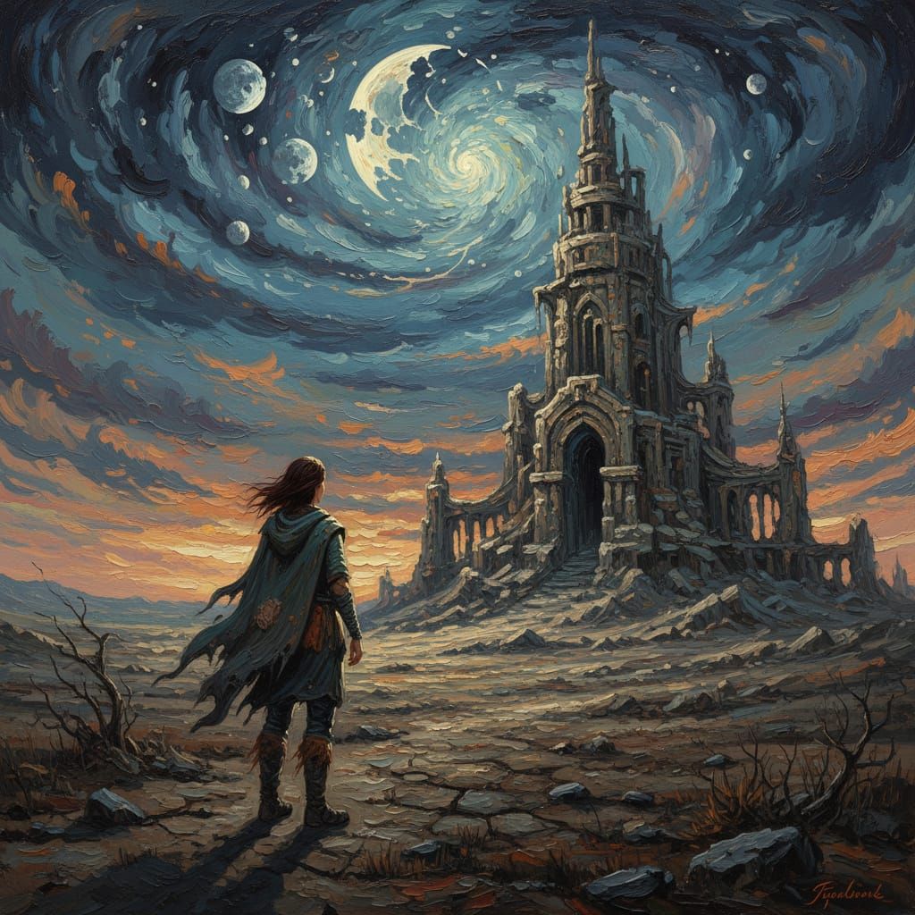 Woman Gazes at Colossal Ruin on Windswept Plain