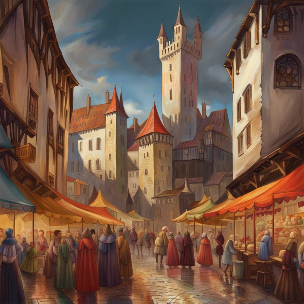 Bustling Medieval Market with Castle Backdrop
