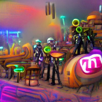 Futuristic Jazz Band in Neon Steampunk Moon Bar