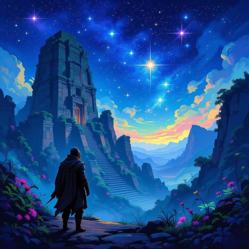 Explorer at Ancient Ruin with Bioluminescent Flora