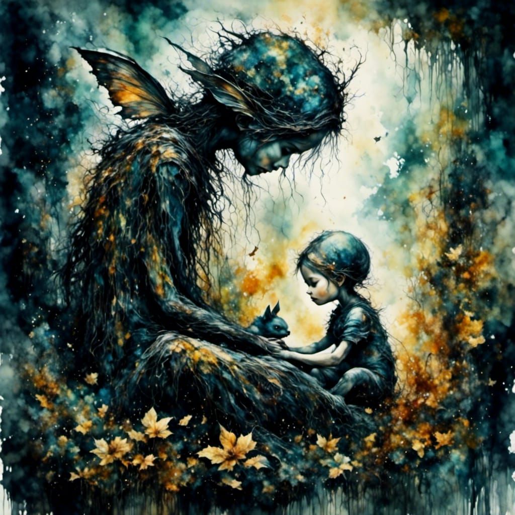 Dark Surreal Fantasy: Monster with Sleeping Baby