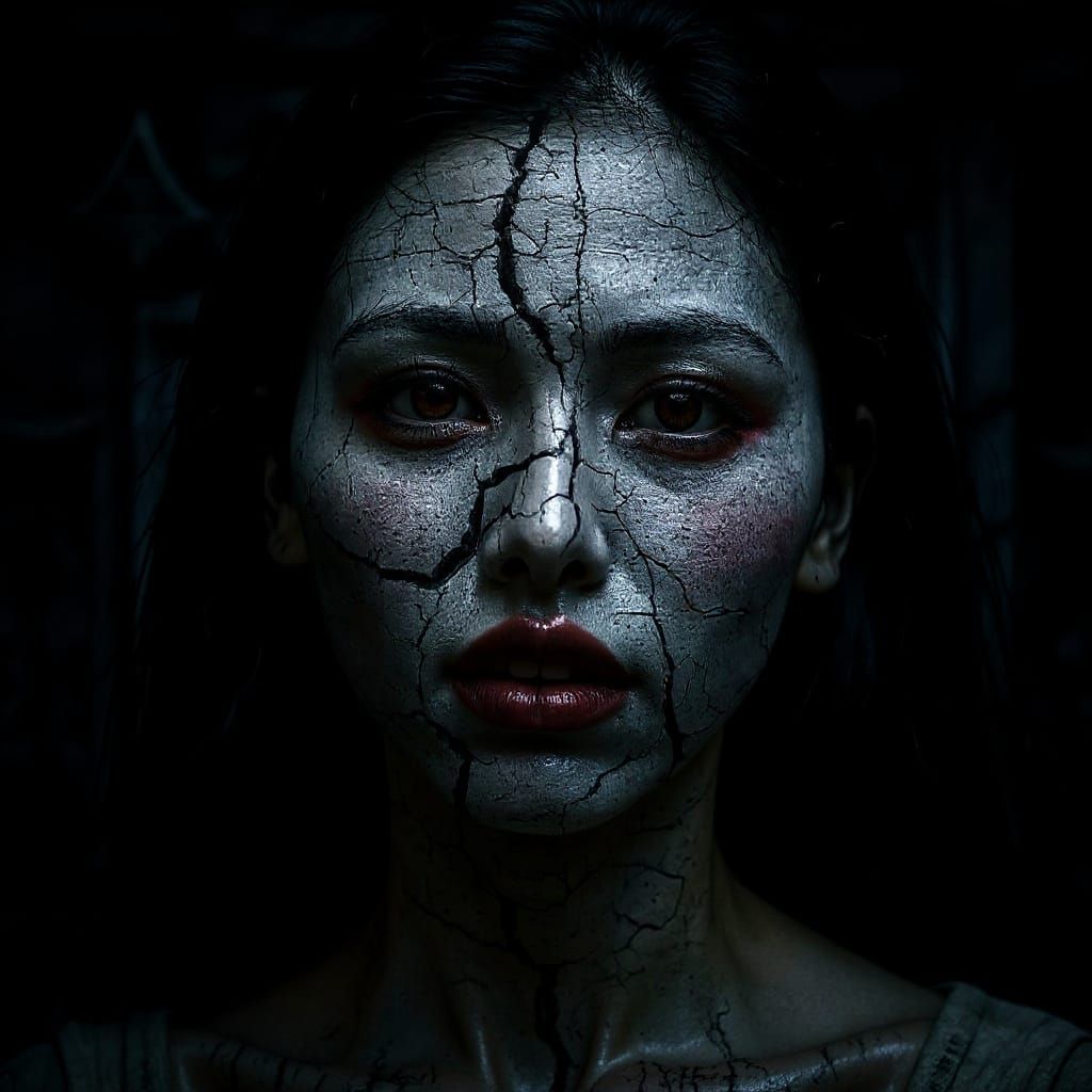 Terrifying Cracked Japanese Mask in Haunted Temple