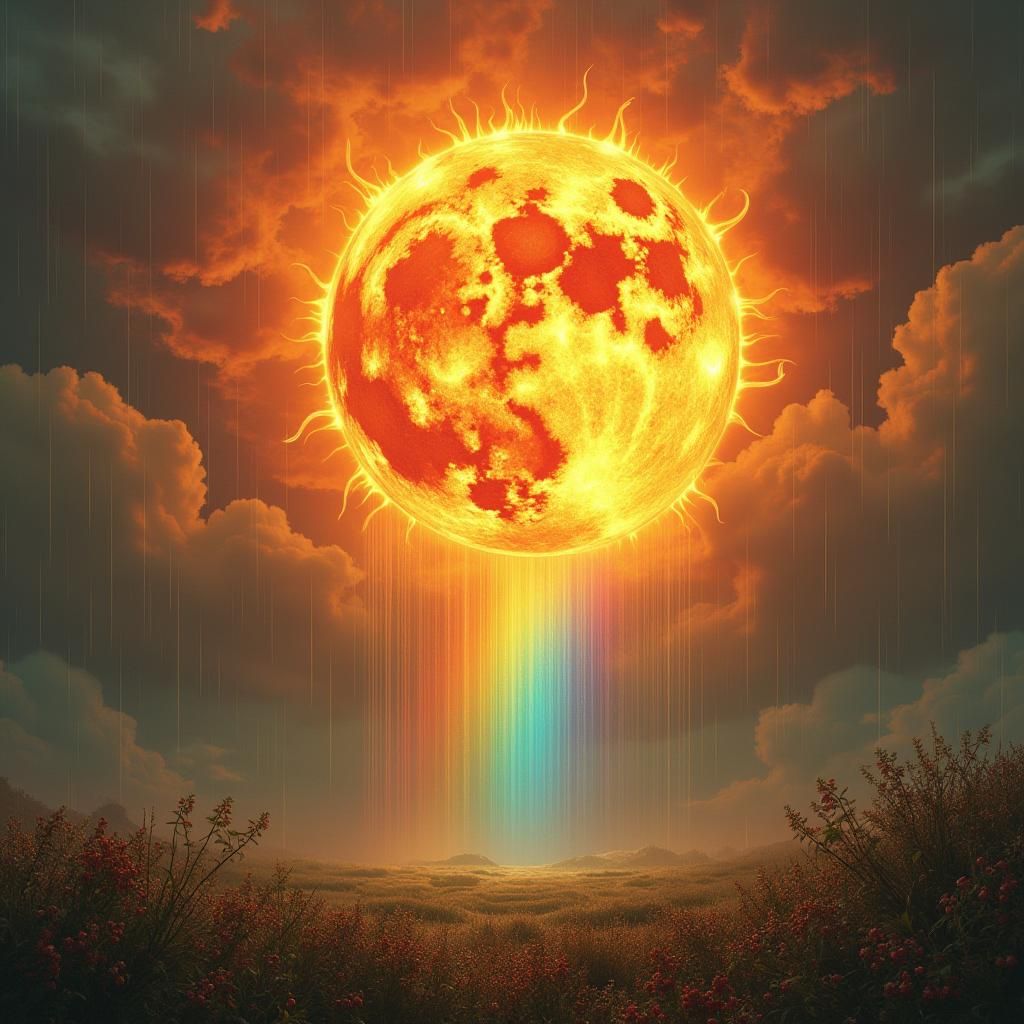 Rainbow Dewdrops on Magnified Sun: Hyperrealistic Art