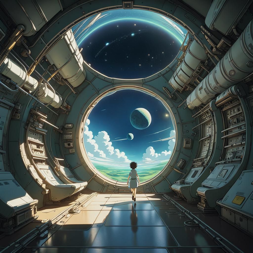 Space Station Walk in Studio Ghibli Style
