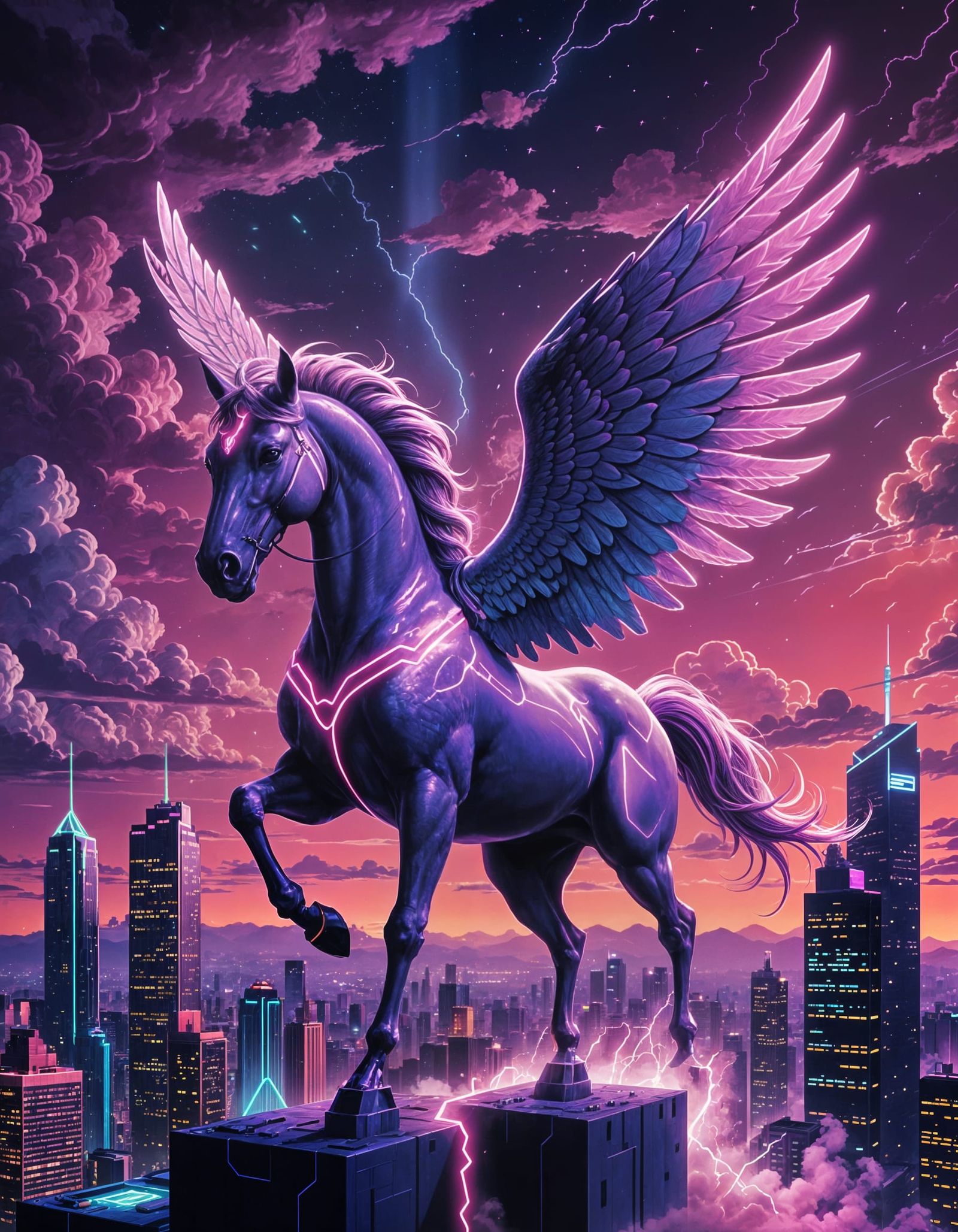 Majestic Pegasus Soars Over Neon 80s Cityscape