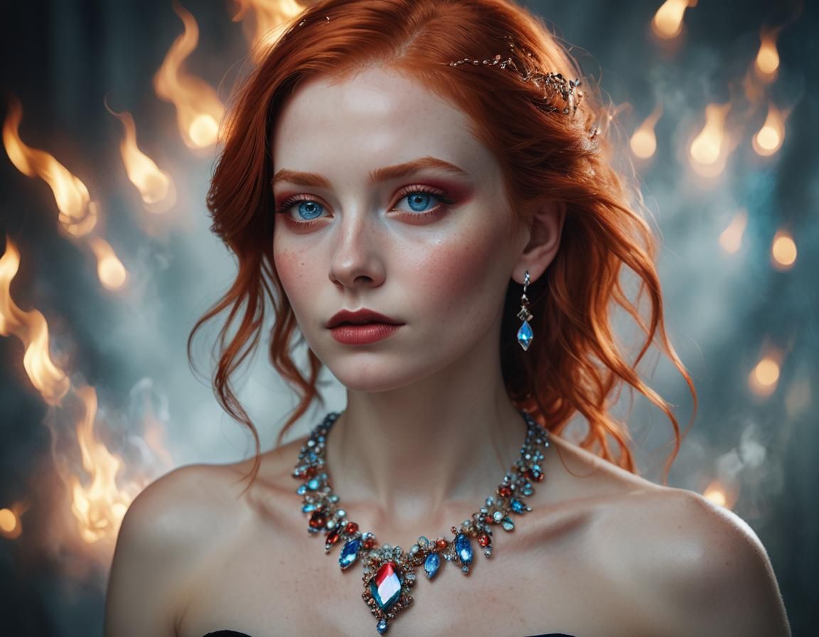 Fiery Haired Woman Portrait with Precious Stone Necklace