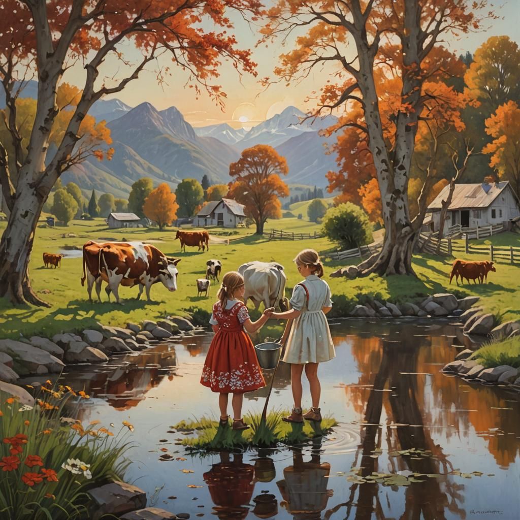 Pastoral Scene with Girl Feeding Cows, Oil Painting