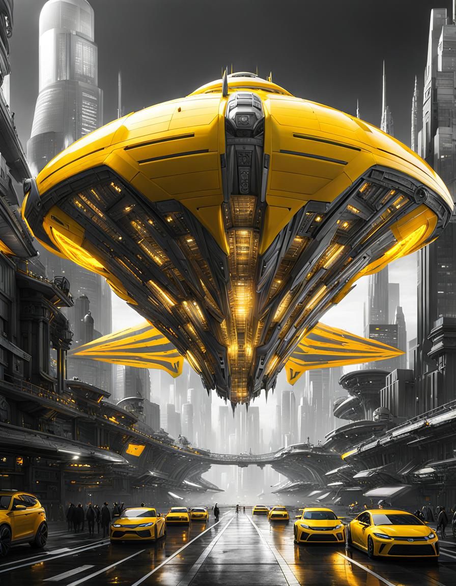Futuristic Yellow Spaceship over Metropolis, Digital Art