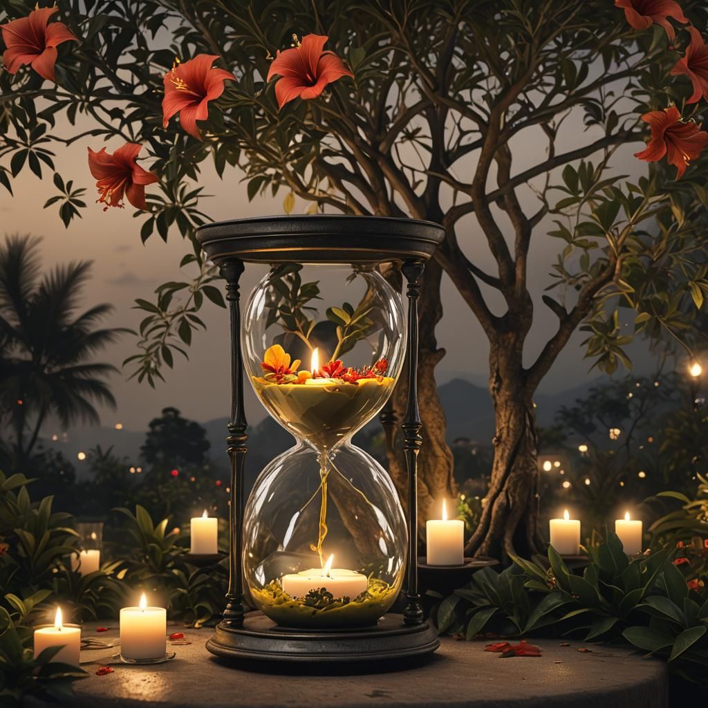 Hourglass in Lush Garden at Night